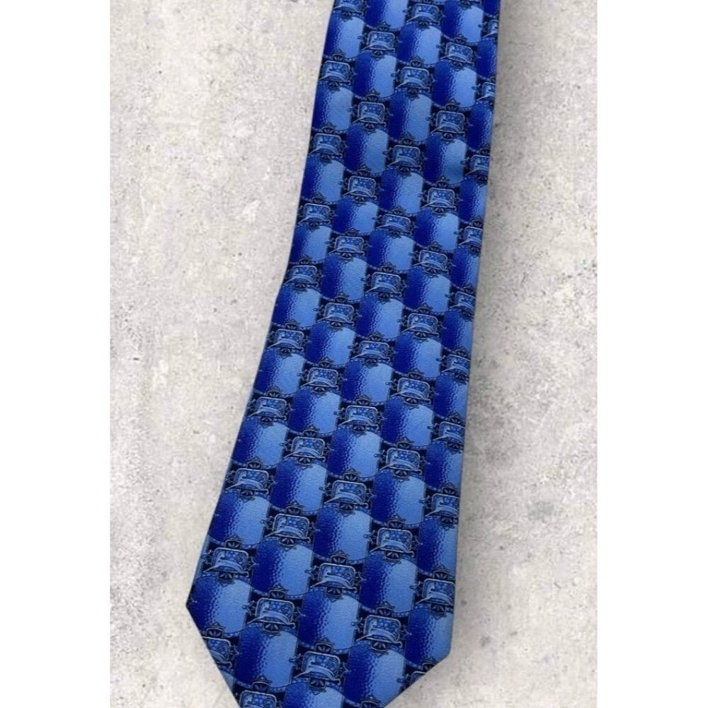 LANVIN Silk Tie FRANCE Navy Blue Geometric W:4" - Picture 4 of 4